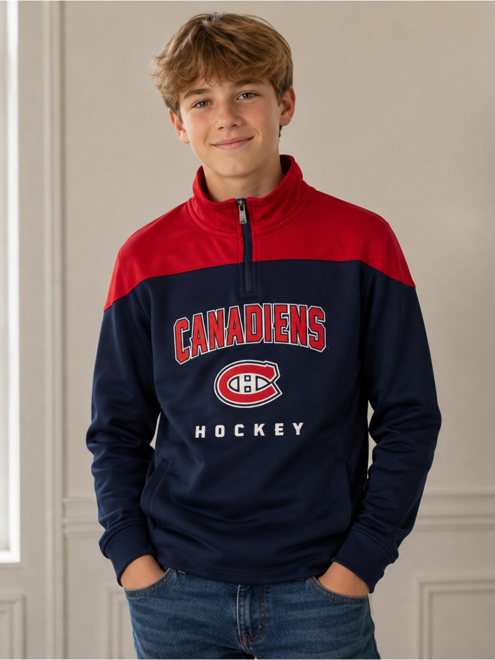 Montreal Canadiens NHL Youth Quarter Zip Pullover Navy Red Size M